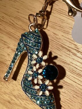 Glam Blue Rhinestone High Heel Key or Bag Charm with Flowers